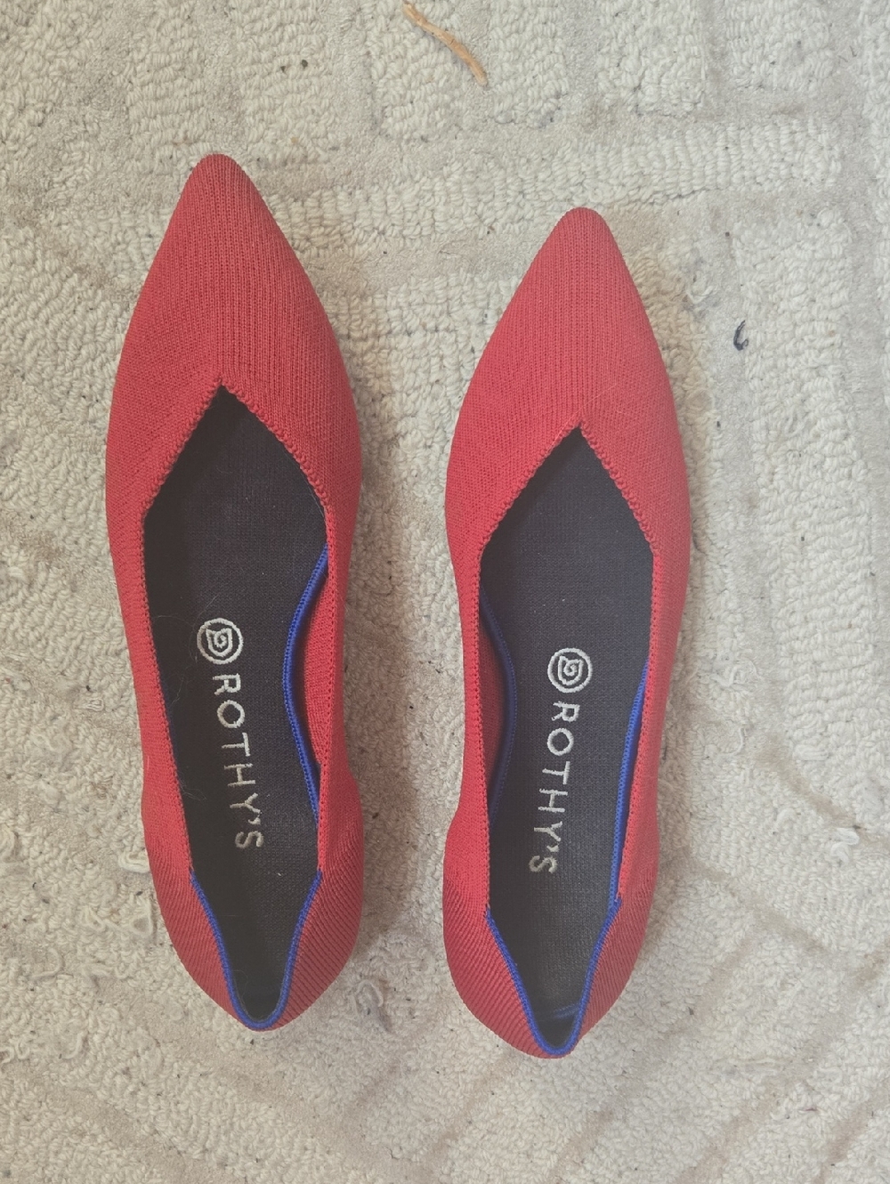 Rothy's Women's Red Pointed Knit Flats with Blue Trim